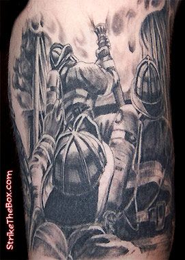 Grey Ink Firefighter Tattoo Design For Half Sleeve