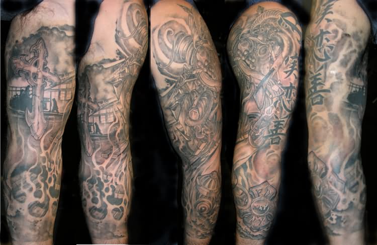 Grey Ink Firefighter Tattoo On Full Sleeve