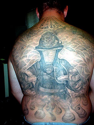 Grey Ink Firefighter Tattoo On Man Full Back
