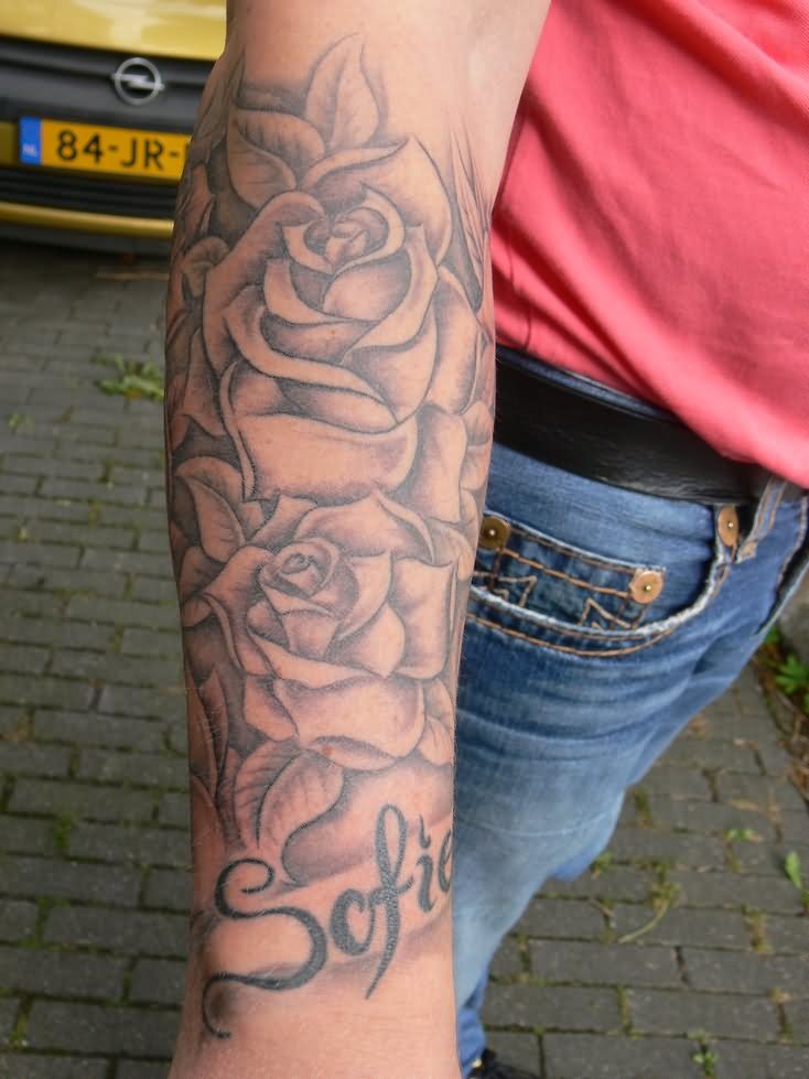 Grey Ink Floral Tattoo Design For Men Forearm