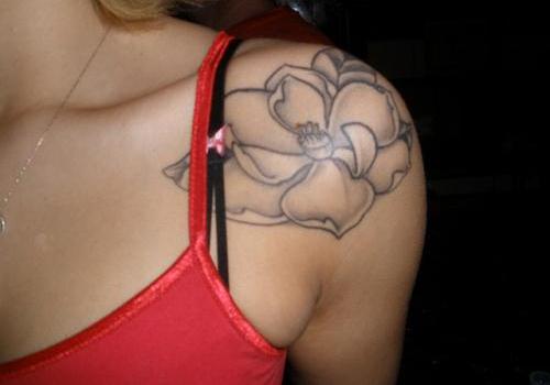 Grey Ink Floral Tattoo On Girl Left Shoulder