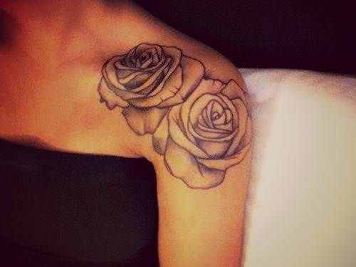 Grey Ink Floral Tattoo On Shoulder