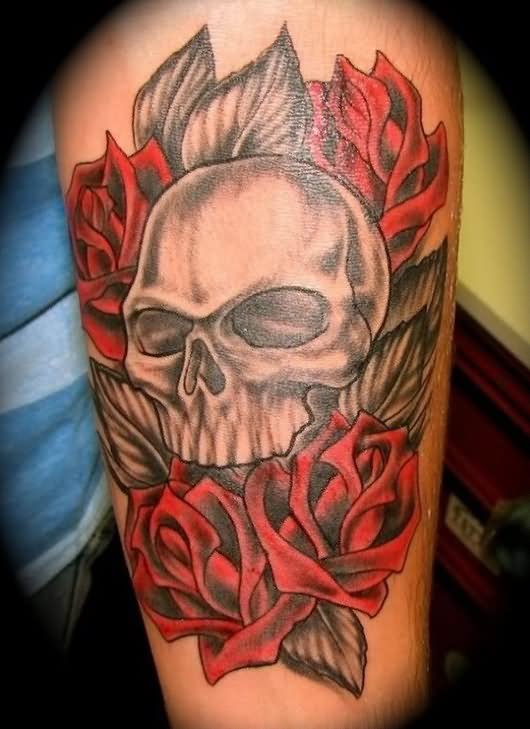 Grey Ink Halloween Skull With Roses Tattoo Design For Sleeve