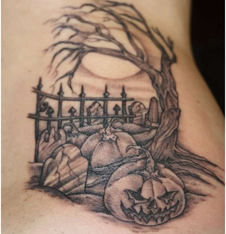Grey Ink Halloween Tree With Pumpkin Tattoo Design