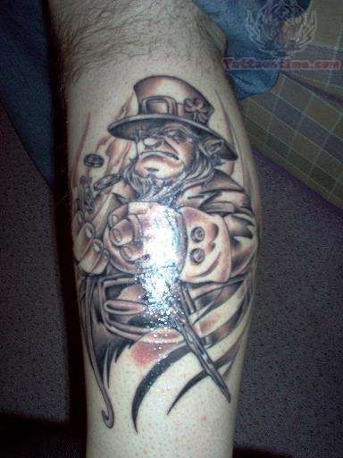 Grey Ink Leprechaun Tattoo On Leg