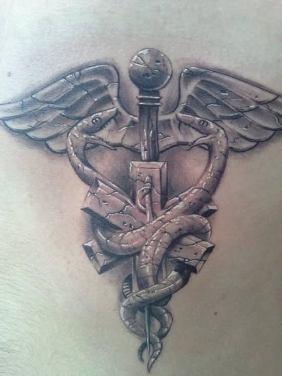 Grey Ink Medical Symbol Tattoo Design For Upper Back