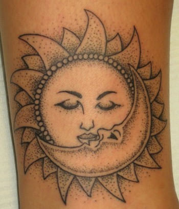 Grey Ink Moon And Taino Sun Tattoo