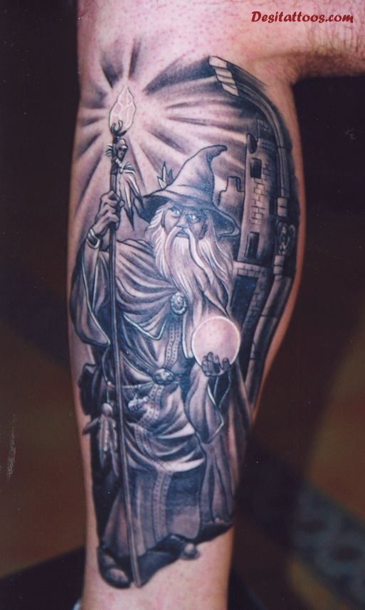 Grey Ink Viking Fantasy Tattoo On Leg