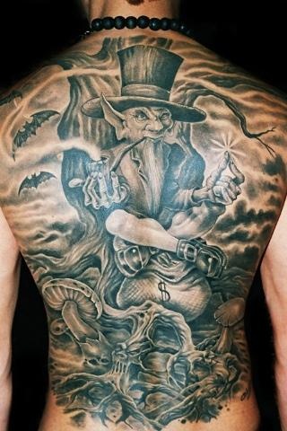 Grey Leprechaun Tattoo On Man Full Back