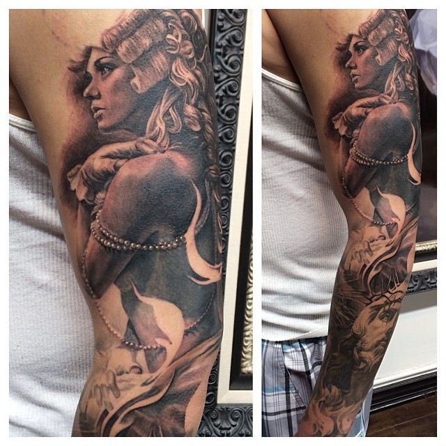 Grey Realistic Fantasy Tattoo On Sleeve by Carlos Torres