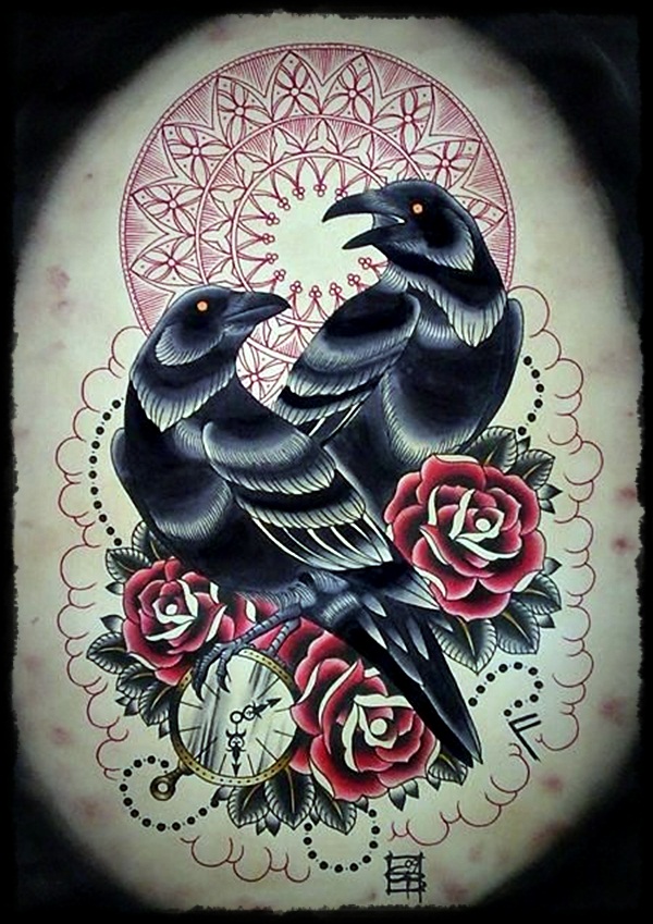 Halloween Crow With Roses And Pocket Watch Tattoo Design
