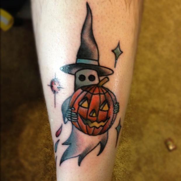 Halloween Ghost With Pumpkin Tattoo Design