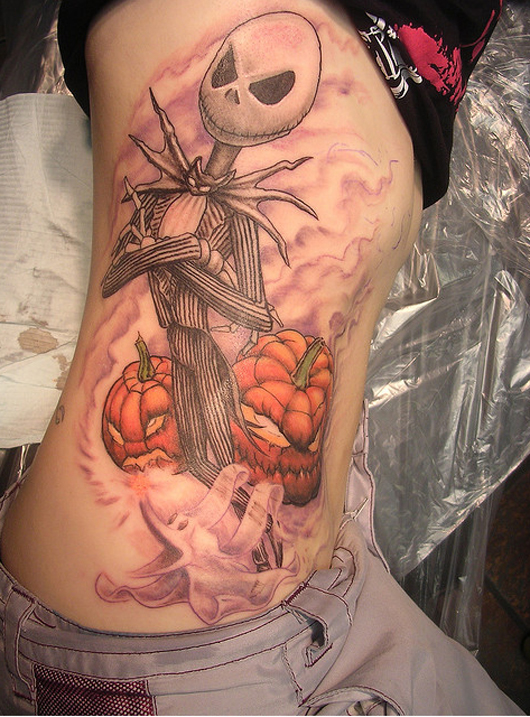 Halloween Ghost With Pumpkins Tattoo On Side Rib