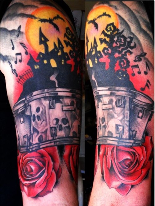 Halloween House With Rose Tattoo Design For Half Sleeve