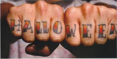 Halloween Lettering Tattoo On Both Hand Finger
