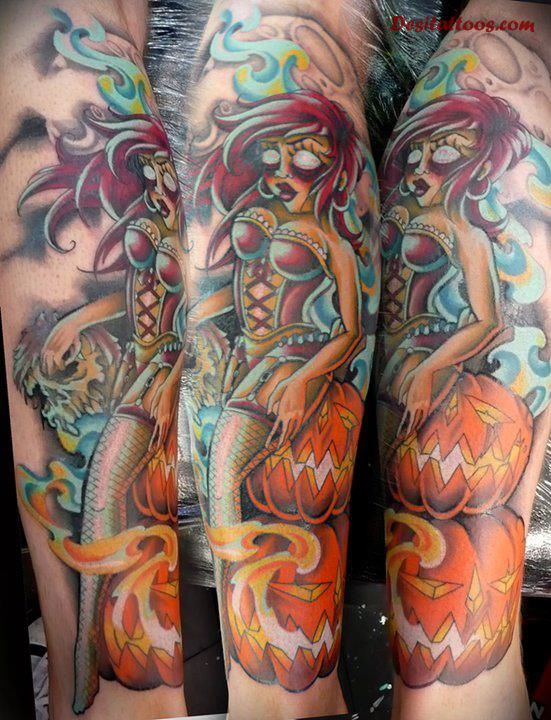 Halloween Mermaid With Pumpkin Tattoo Design For Sleeve