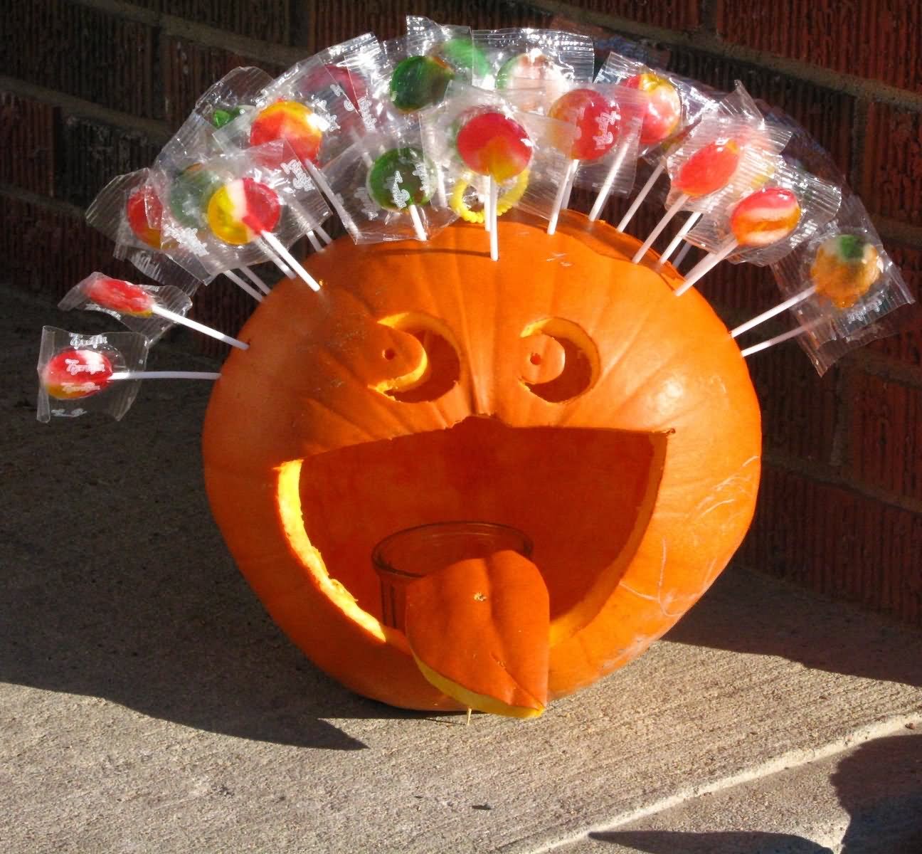 Halloween Pumpkin Decorated With Lollipops Funny Image