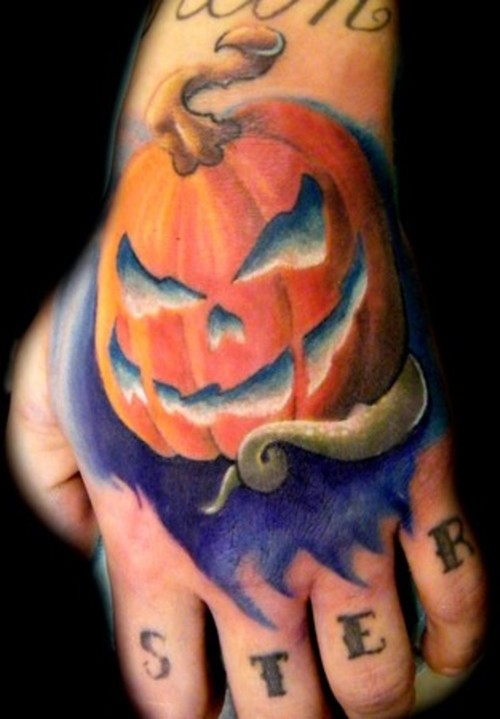 Halloween Pumpkin Tattoo On Hand