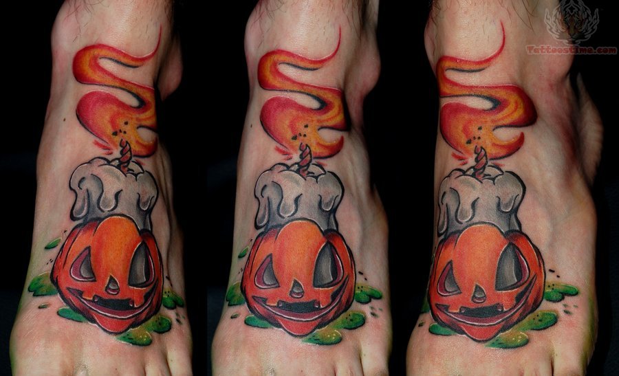 Halloween Pumpkin With Burning Candle Tattoo On Foot