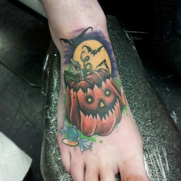 Halloween Pumpkin With Moon Tattoo On Foot