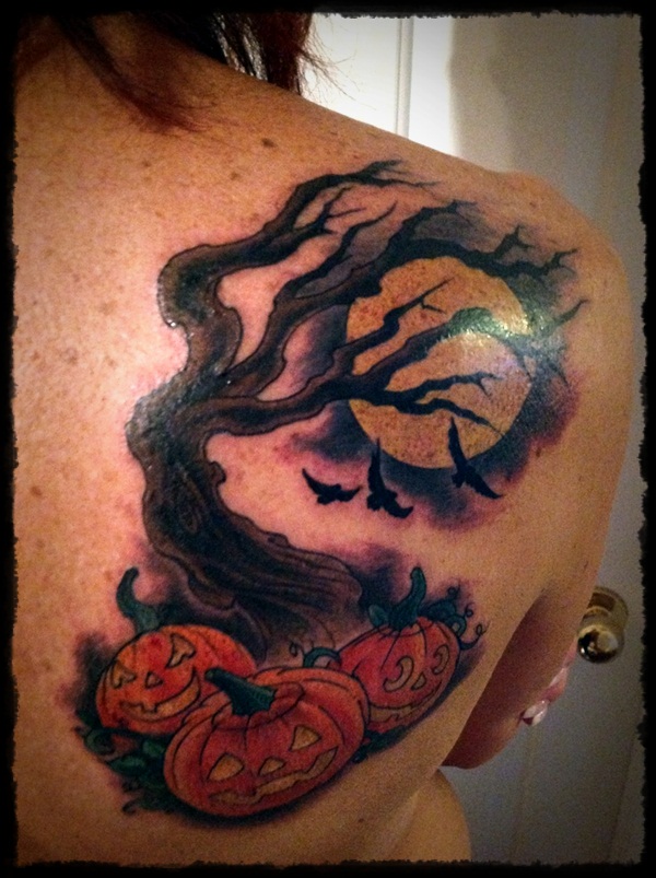 Halloween Pumpkins With Tree And Full Moon Tattoo On Right Back Shoulder