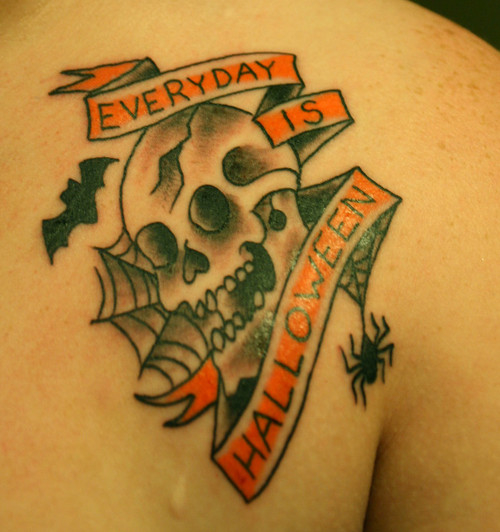 Halloween Skull With Banner Tattoo On Right Back Shoulder