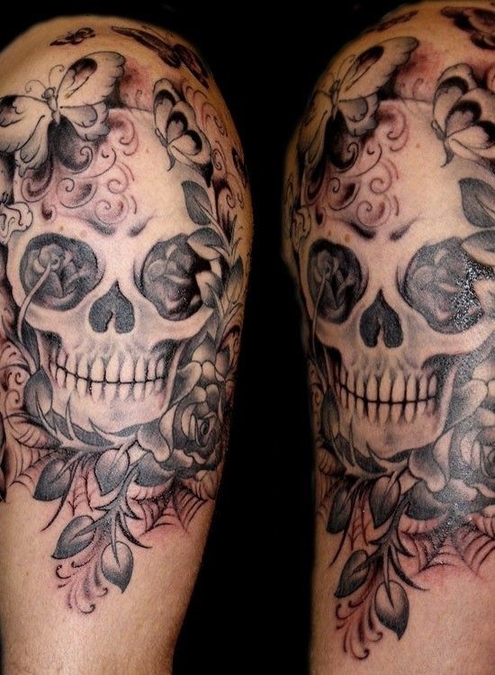 Halloween Skull With Butterfly And Rose Tattoo Design For Shoulder