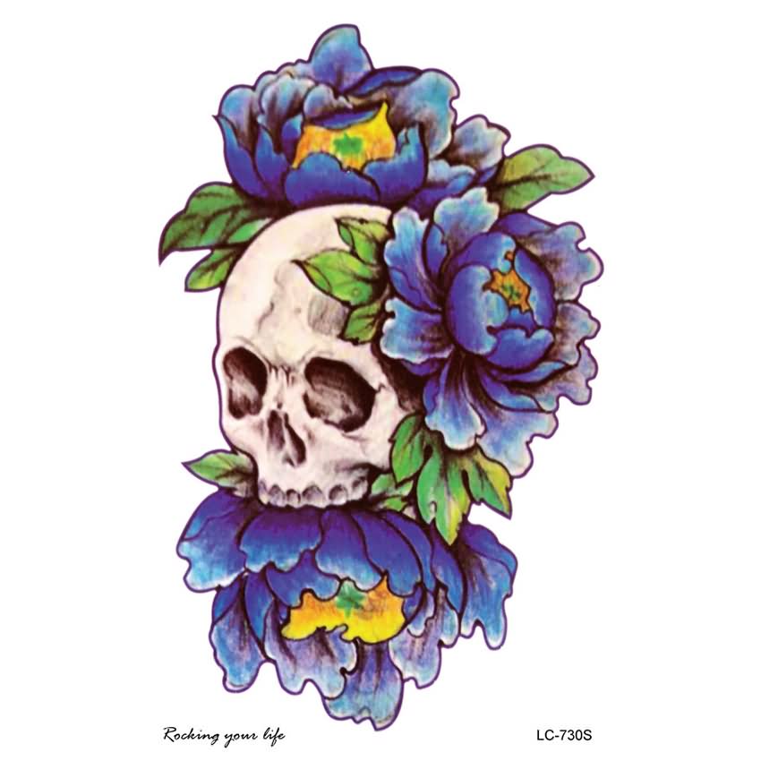 Halloween Skull With Flowers Tattoo Design