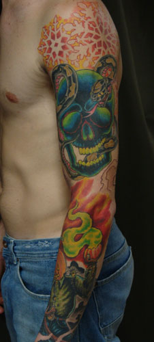 Halloween Snake In Skull Tattoo On Man Left Half Sleeve