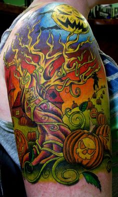 Halloween Tree With Pumpkin And Moon Tattoo On Right Half Sleeve