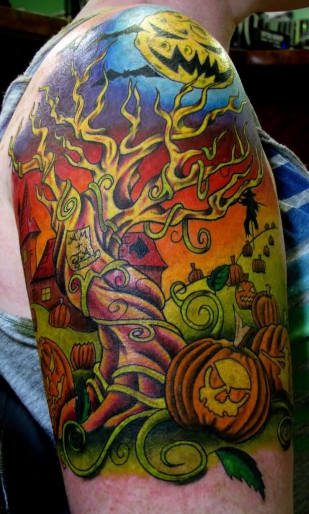 Halloween Tree With Pumpkin Tattoo Design For Half Sleeve