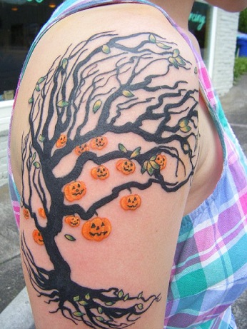Halloween Tree With Pumpkin Tattoo On Right Half Sleeve