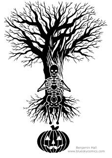 Halloween Tree With Skeleton And Pumpkin Tattoo Stencil
