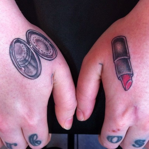 Hand Mirror And Red Lipstick Tattoos On Hands