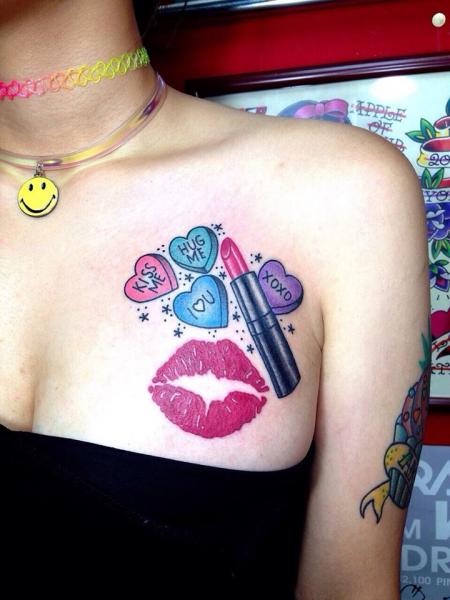 Hearts And Lipstick Tattoo On Front Shoulder