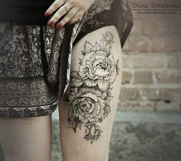 Impressive Grey Ink Floral Tattoo On Thigh