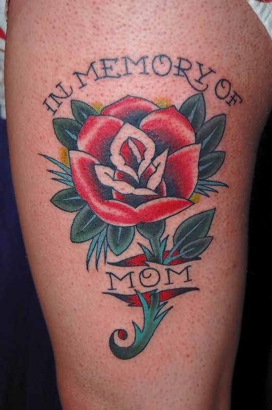 In Memory Of Mom - Memorial Ripped Skin Rose Tattoo Design For Side Thigh