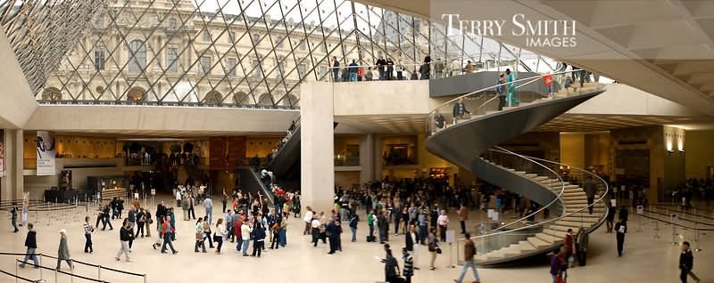Interior Panoramic Below The Glass Of The Louvre Musuem In Paris, France