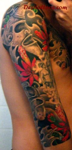 Japanese Flowers And Taino Sun Tattoo On Right Sleeve