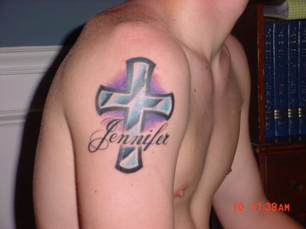 Jennifer - Memorial Cross Tattoo On Right Shoulder For Brother