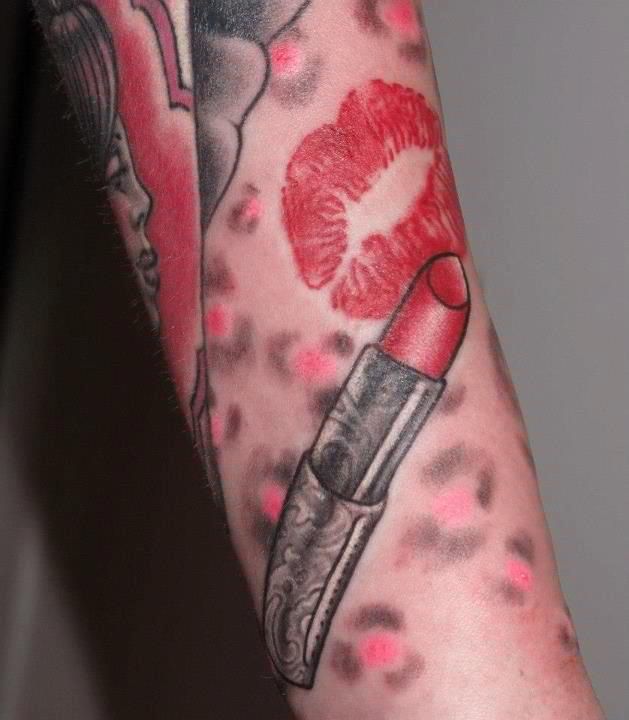 Kiss Print And Lipstick Tattoo On Arm