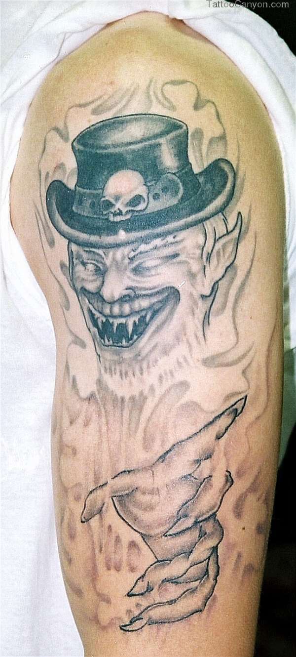 Left Half Sleeve Leprechaun In Flames Tattoo