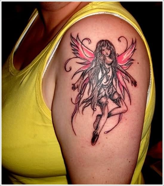 Left Shoulder Fantasy Fairy Tattoo For Girls
