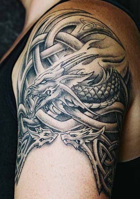 Left Shoulder Grey Celtic Fantasy Dragon Tattoo
