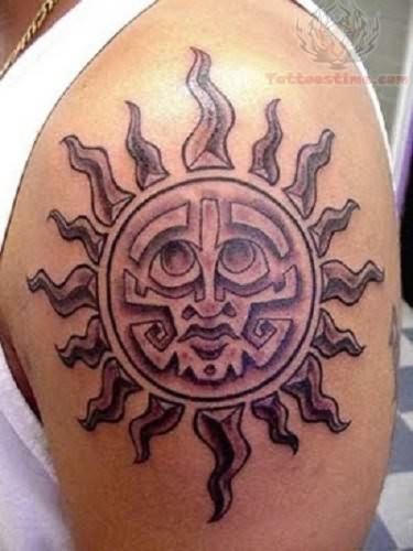 Left Shoulder Grey Ink Taino Sun Tattoo