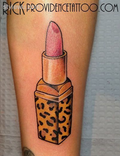 Leopard Print Lipstick Tattoo On Forearm