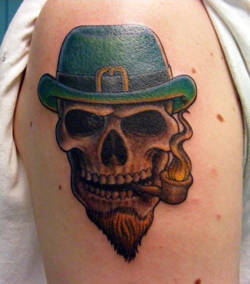 Leprechaun Smoking Skull Tattoo On Left Shoulder