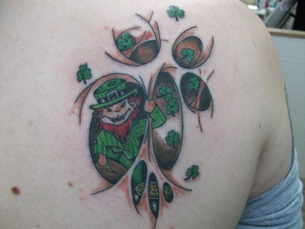 Leprechaun Tattoo On Right Back Shoulder