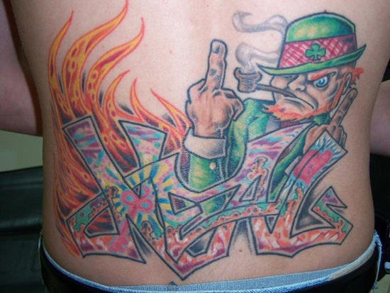 Leprechaun Tattoo With Smoking Pipe On Lower Back