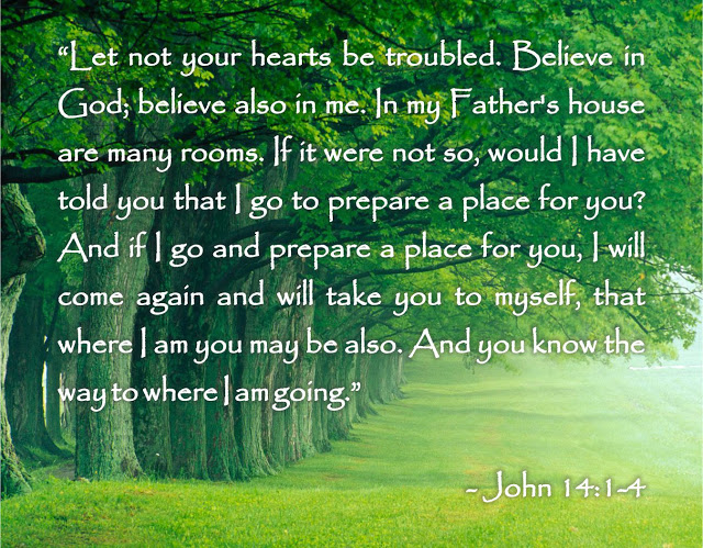 Let not your heart be troubled. Believe in GOD; Believe also in me. In my Father's house are many rooms. If it were not so, would I have told you that I go to prepare a place for you? And if I go and prepare a place for you, I will come again and will take you to myself, that where I am you may be also. And you know the way to where I am going.